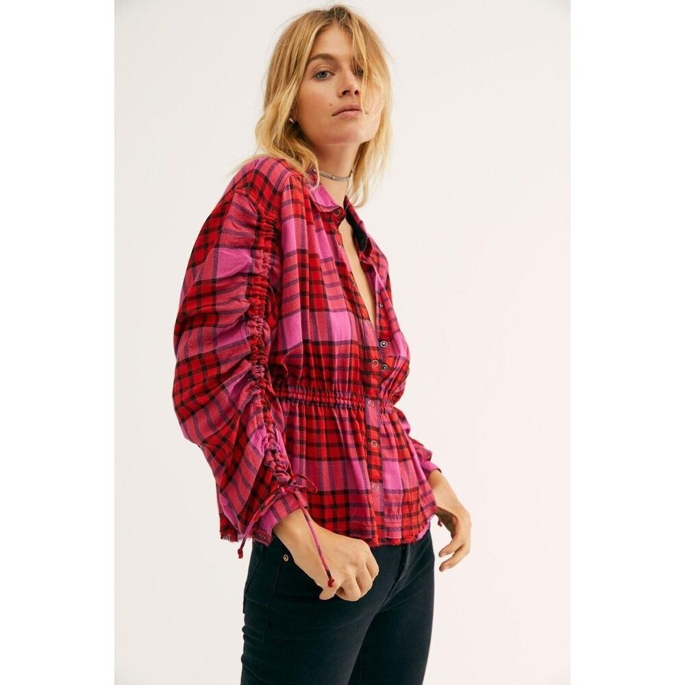 Anthro We The Free People Size XS Shirt Pacific Dawn Red Pink Plaid Ruched NEW